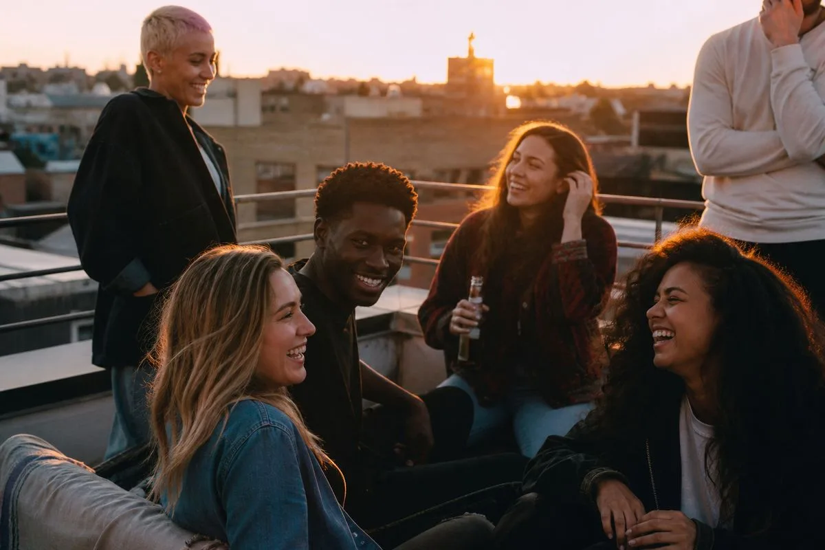 A group of diverse young adults laughing on a rooftop terrace at sunset