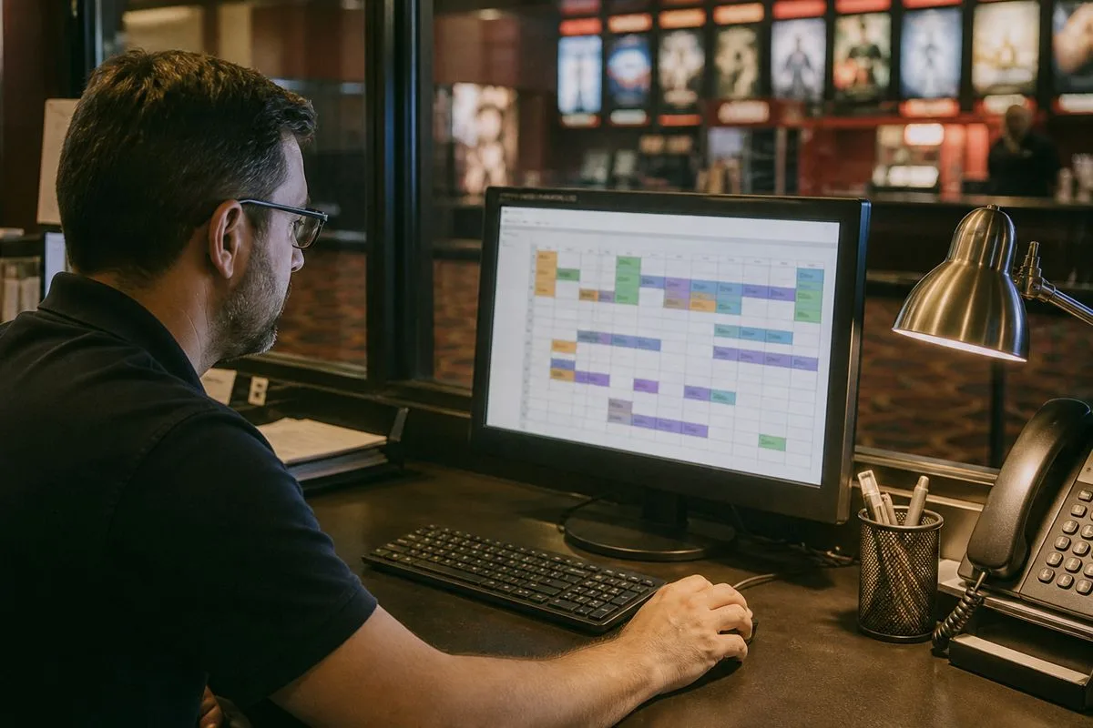 A cinema manager adjusting movie schedules on a computer.