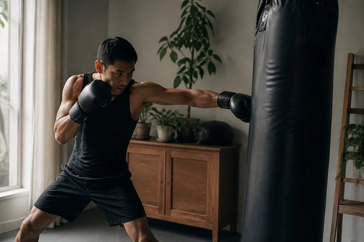 A martial artist training on a heavy punching bag at home