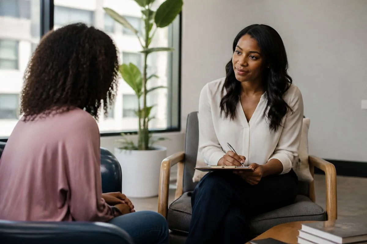 A personal coach consulting with a client in a modern office