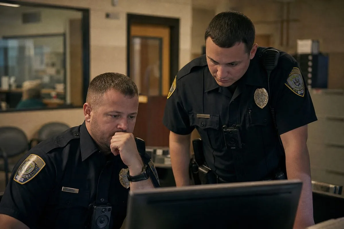 Worcester police officers reviewing body camera footage in station