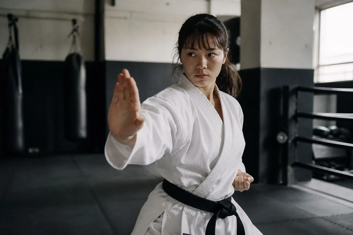 A martial artist practicing defensive moves in a gym