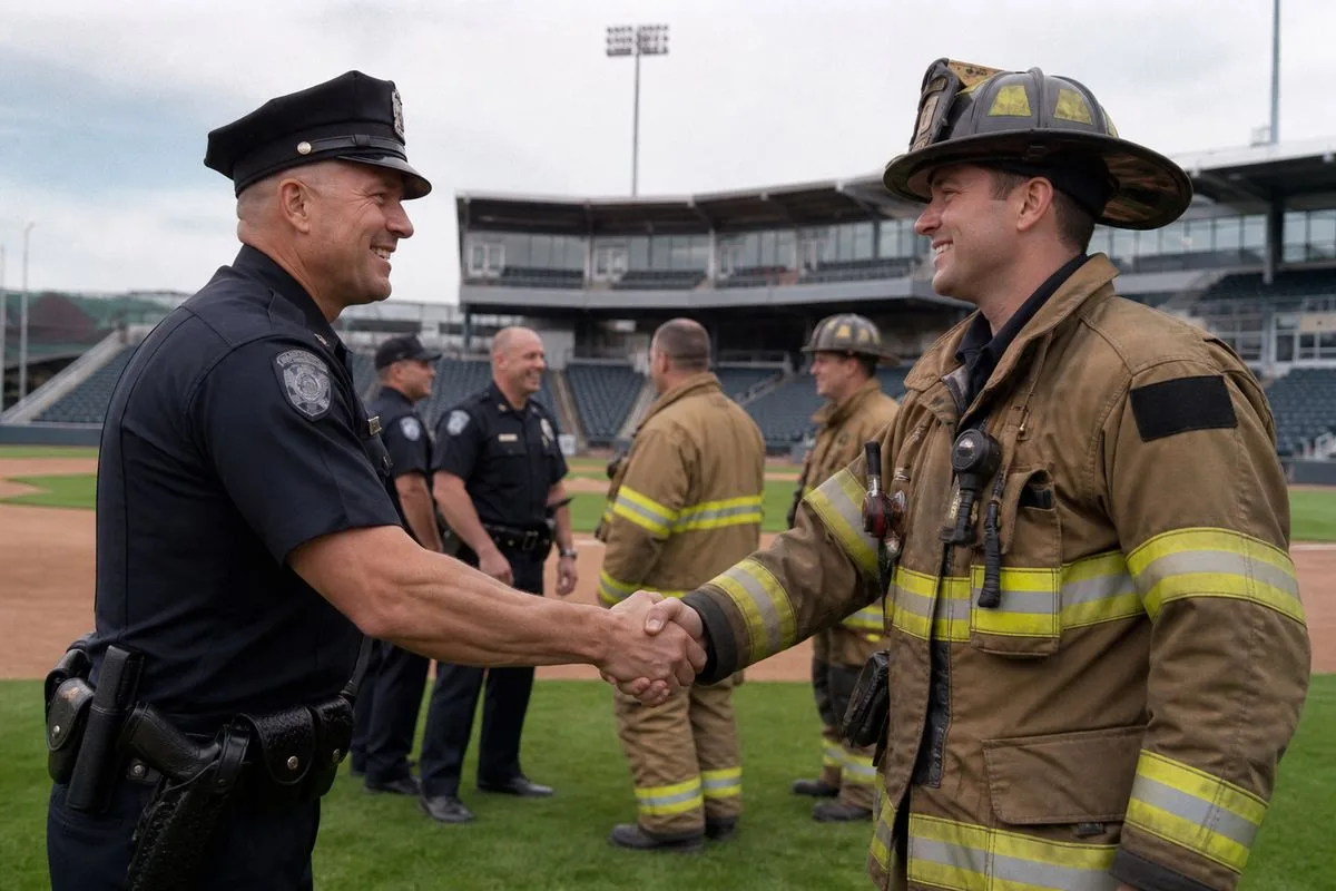Police and firefighters shaking hands on Polar Park field