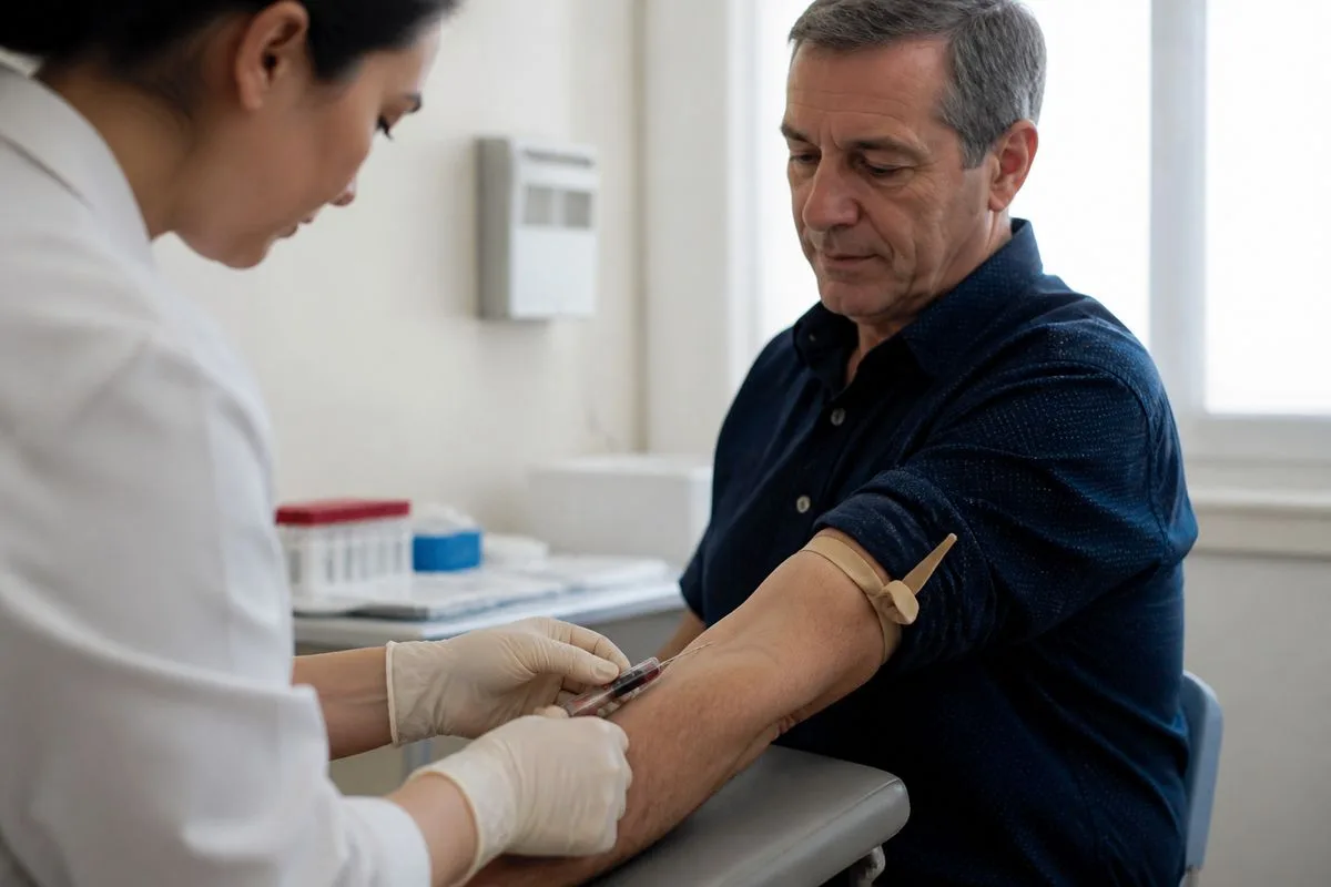 A doctor drawing blood from a middle-aged man’s arm