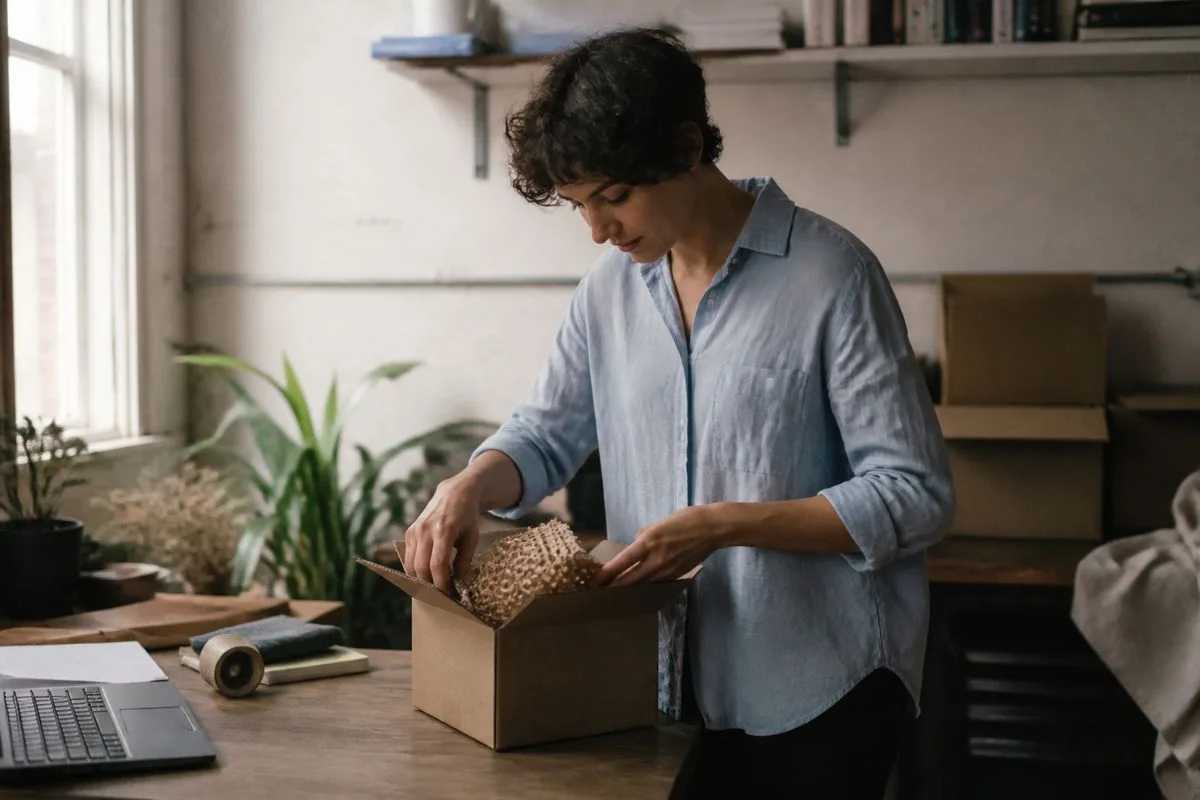 A person packing a shipping box in a small home office.