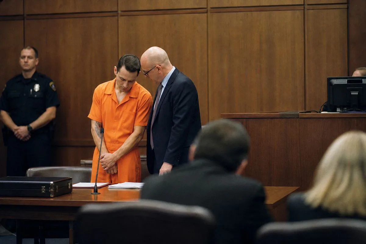 A courtroom with a defendant entering a guilty plea