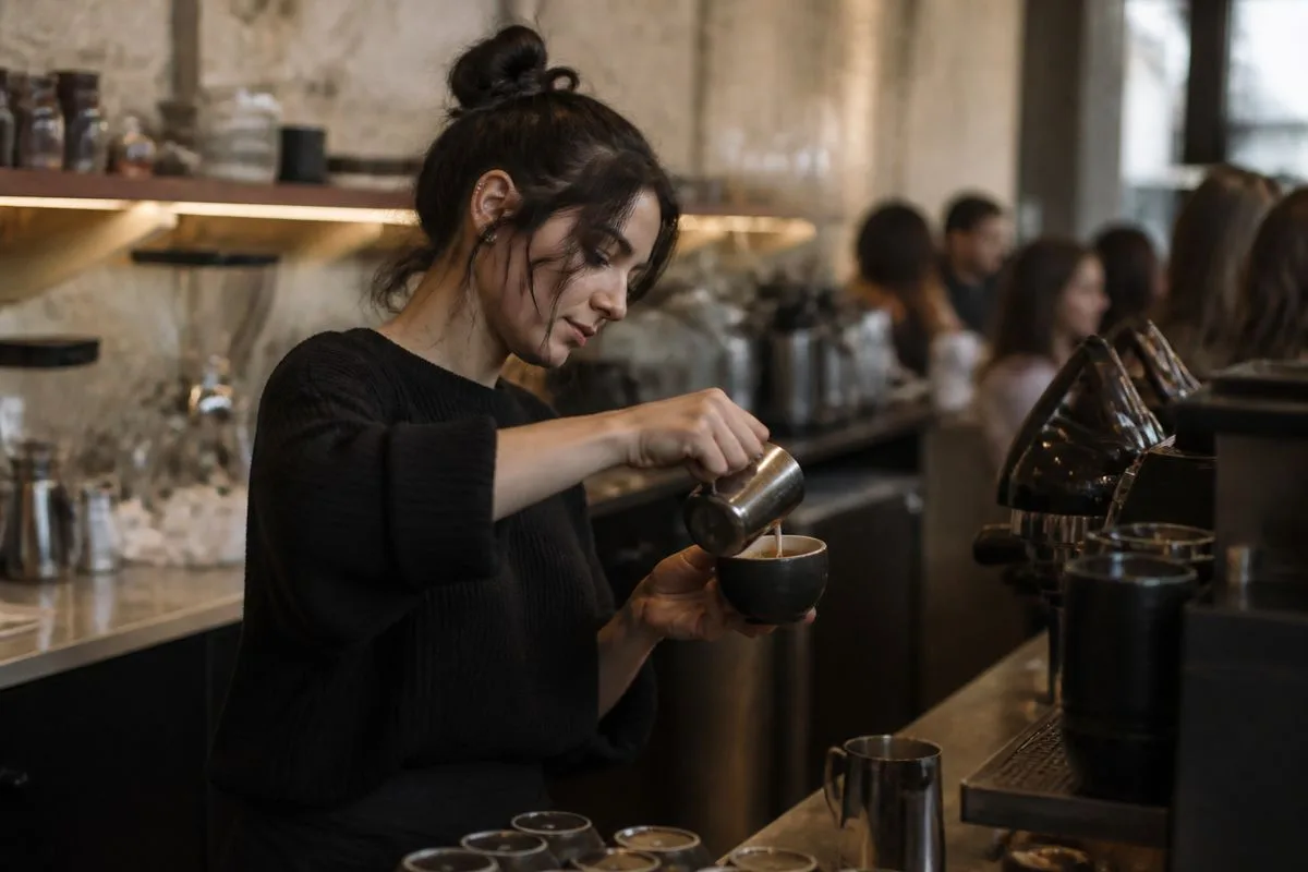 Barista pouring espresso at a bustling coffee shop counter