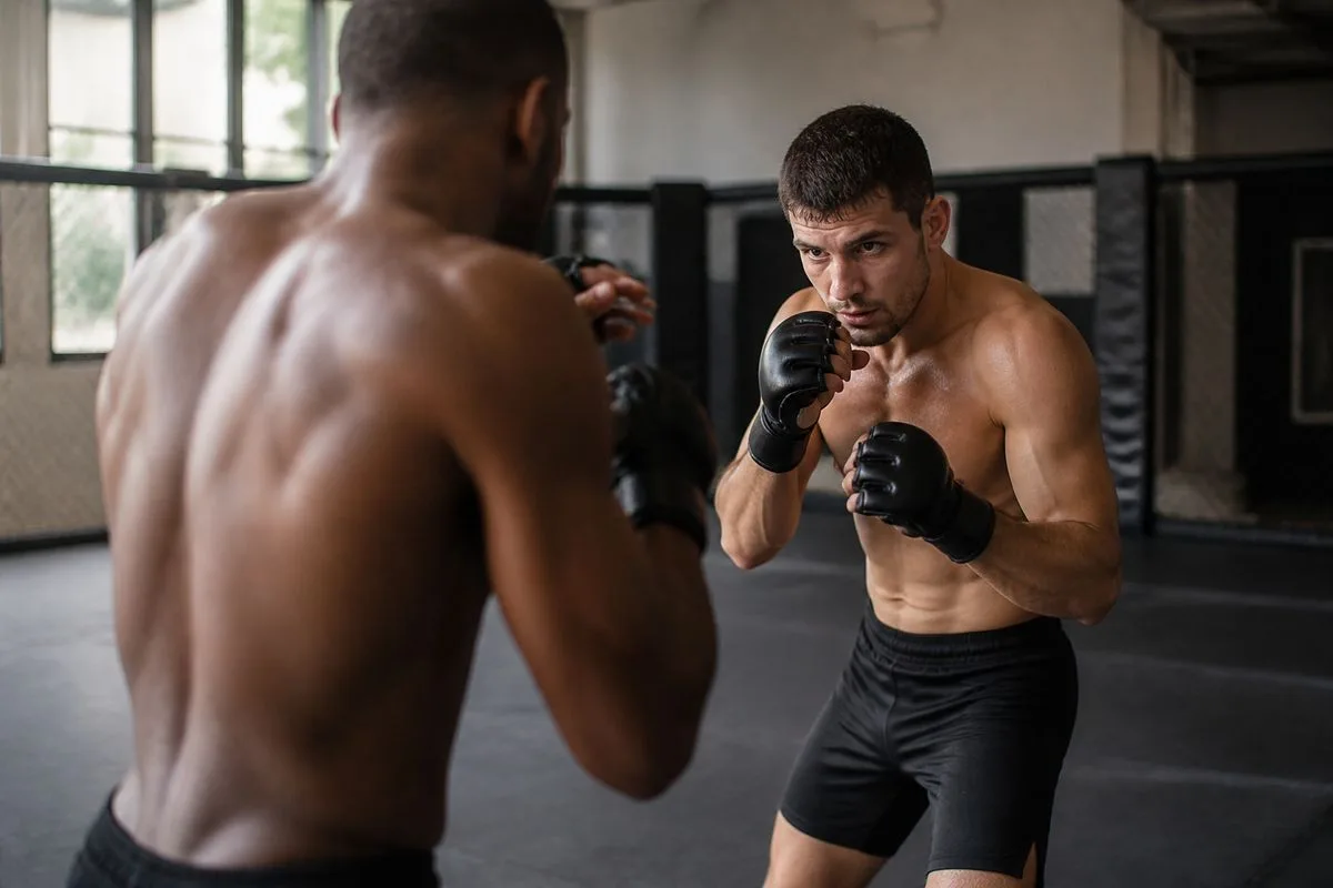 Two fighters sparring in a mixed martial arts gym