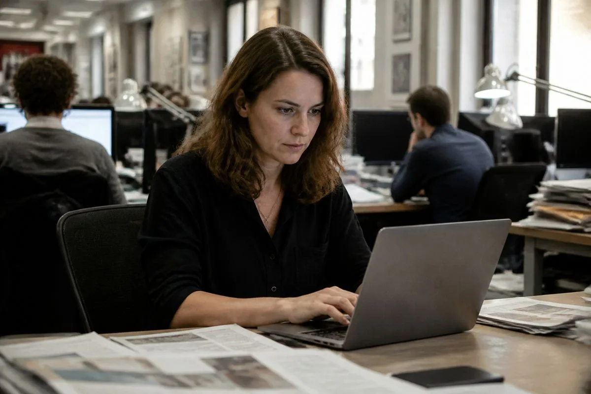 A journalist typing on a laptop in a newsroom.