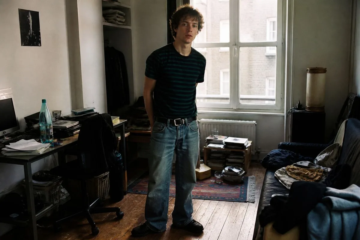 Lee standing awkwardly in a cluttered London flat.