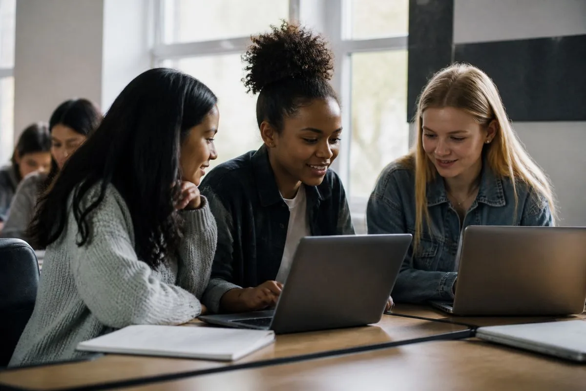 Students collaborating on laptops in a modern classroom