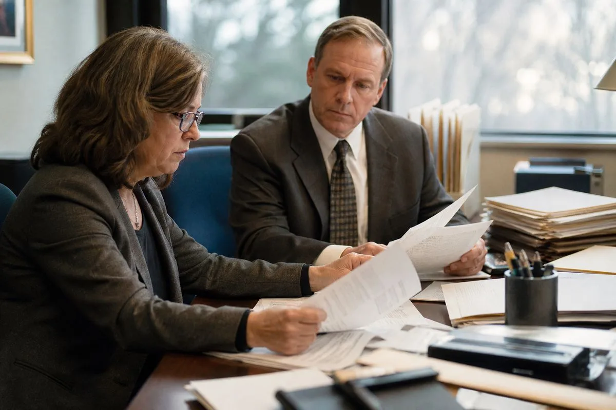 State tax officials reviewing asset valuation documents in office