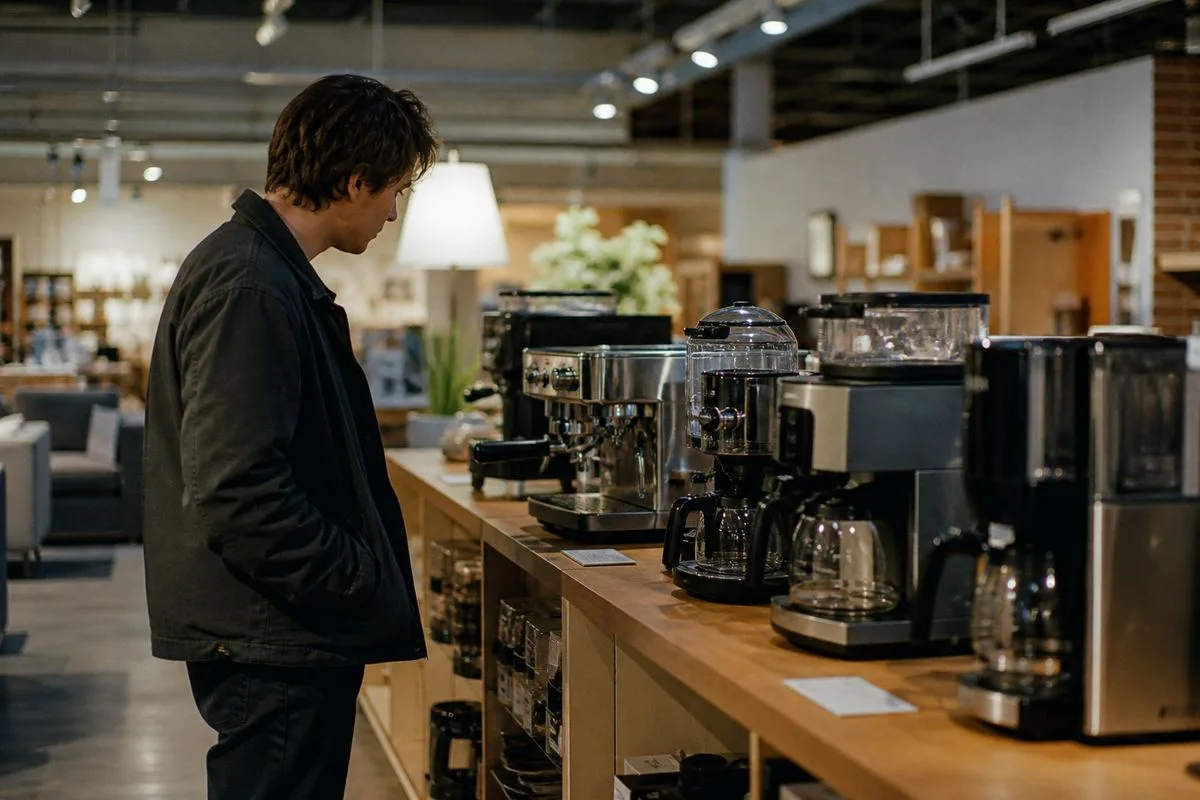 A person comparing espresso and brewed coffee machines in a store