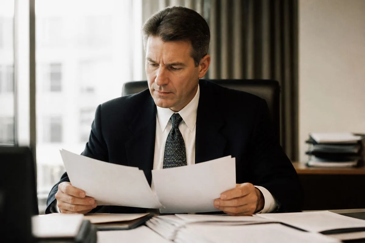 Joshua Foster reviewing documents in a corporate office.