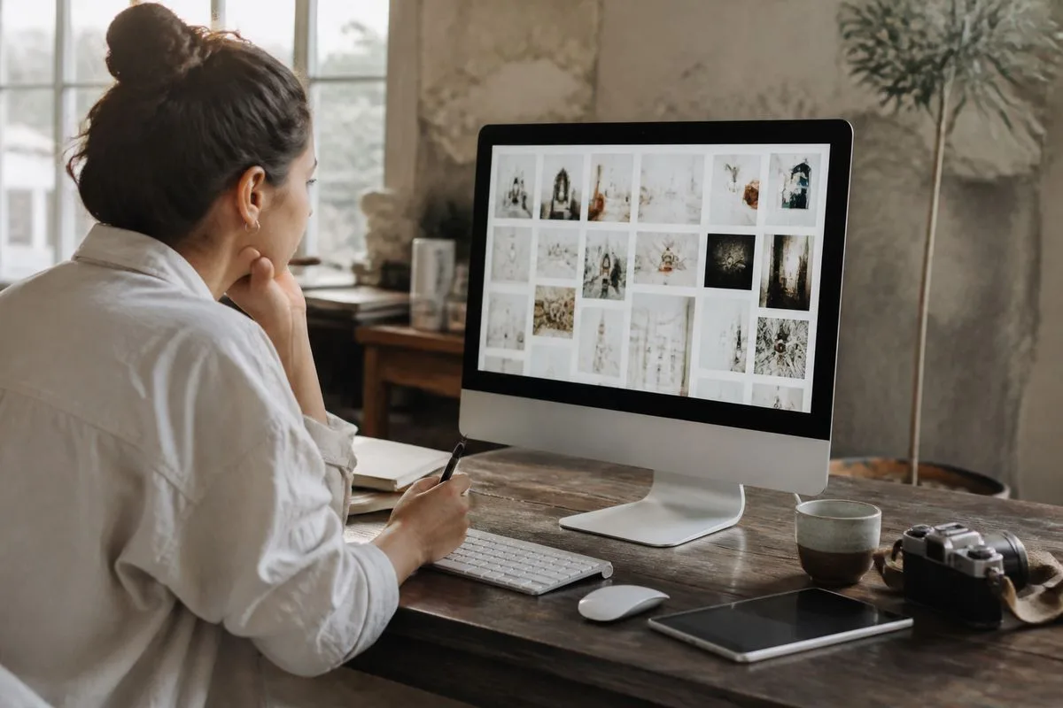 A marketer planning content on a computer screen.