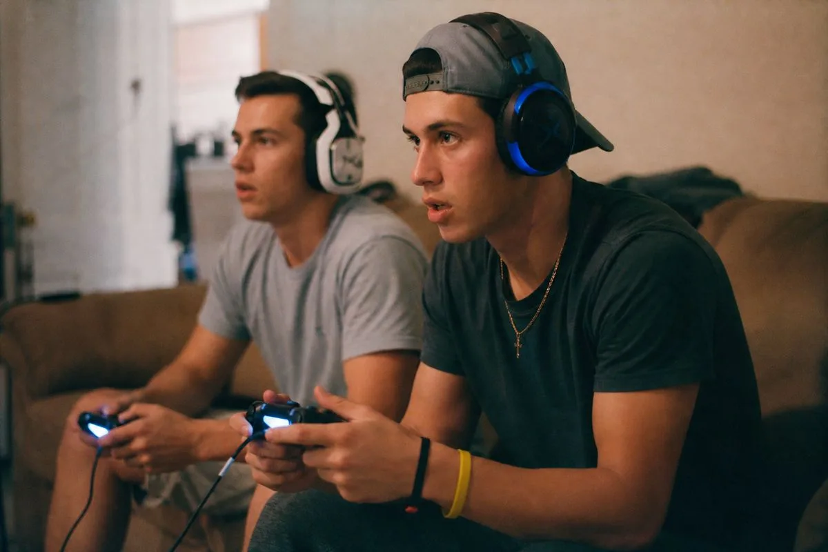 Gamers intensely playing Call of Duty multiplayer on consoles