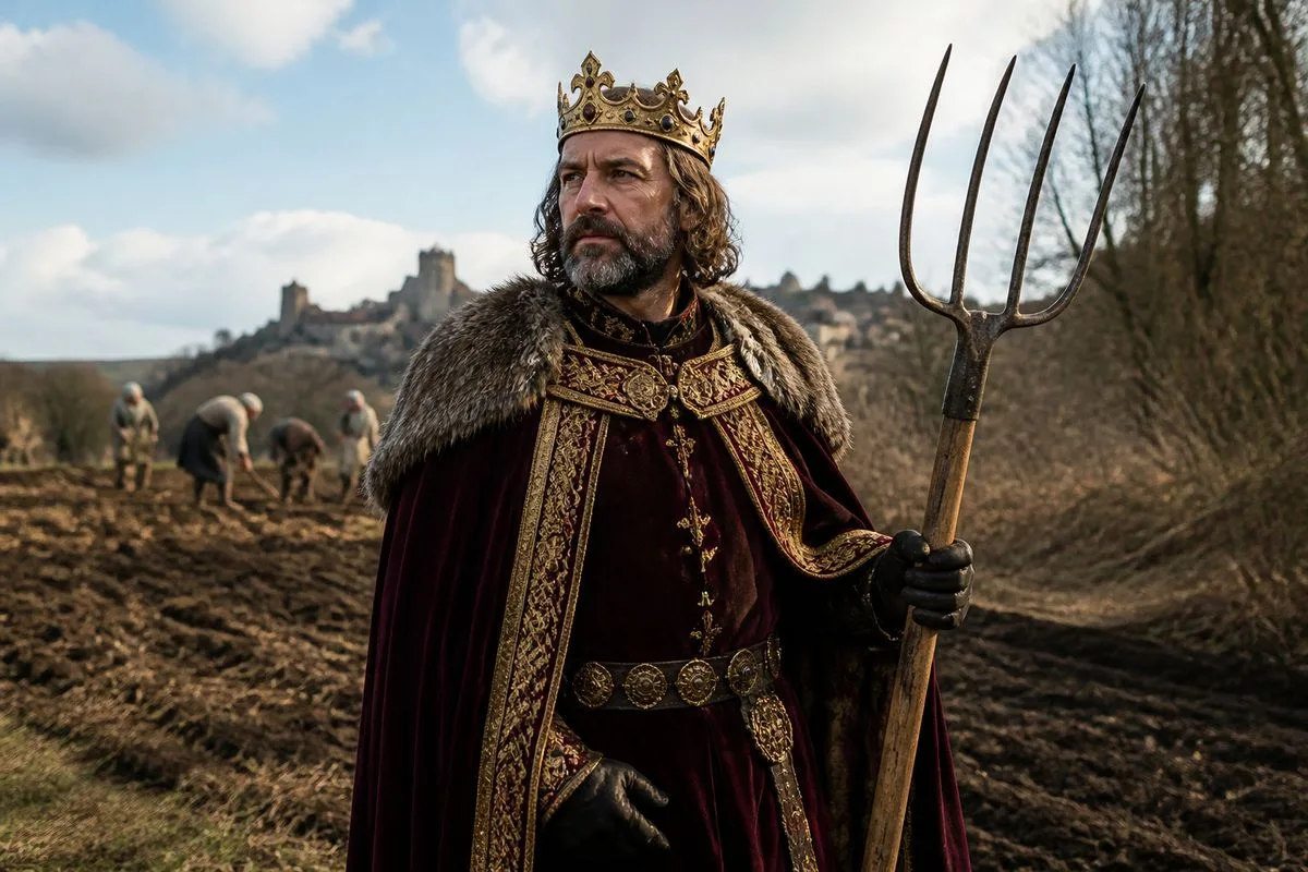 A medieval king in royal robes holding a farming tool.