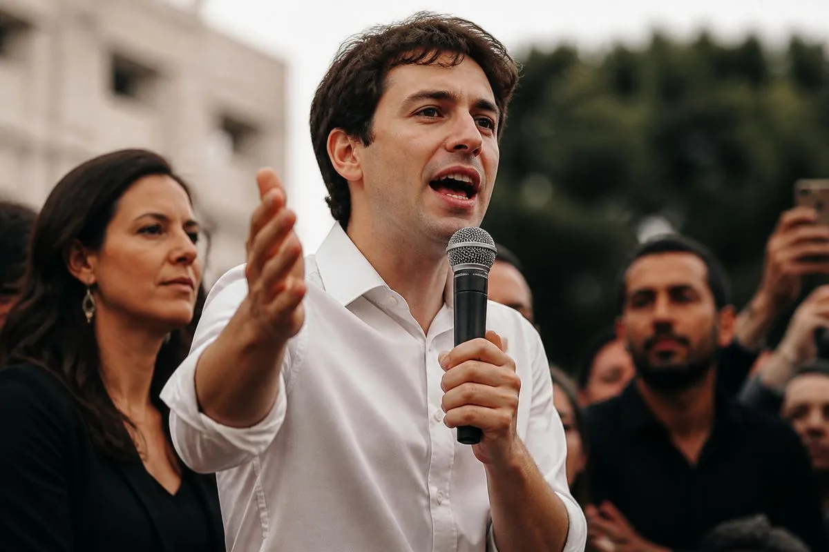 Young politician speaking passionately at a public rally