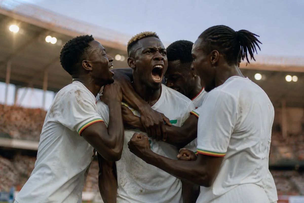 Players celebrating a crucial goal during an AFCON qualifier match