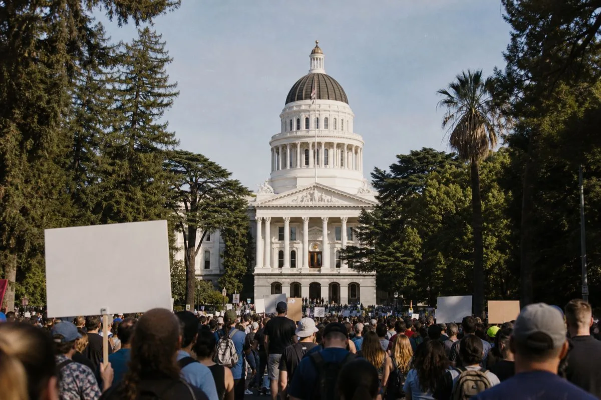 California State Capitol building with protesters outside