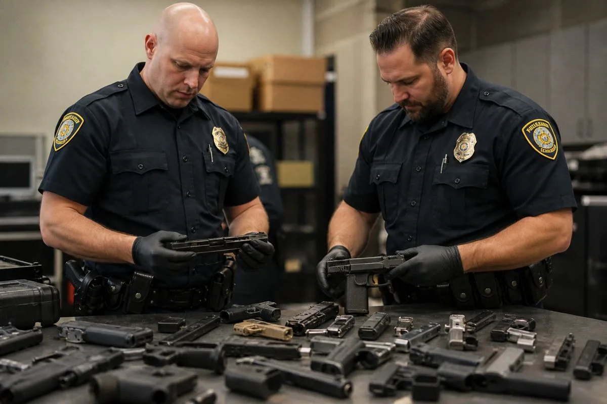 Police officers inspecting recovered ghost guns on a table