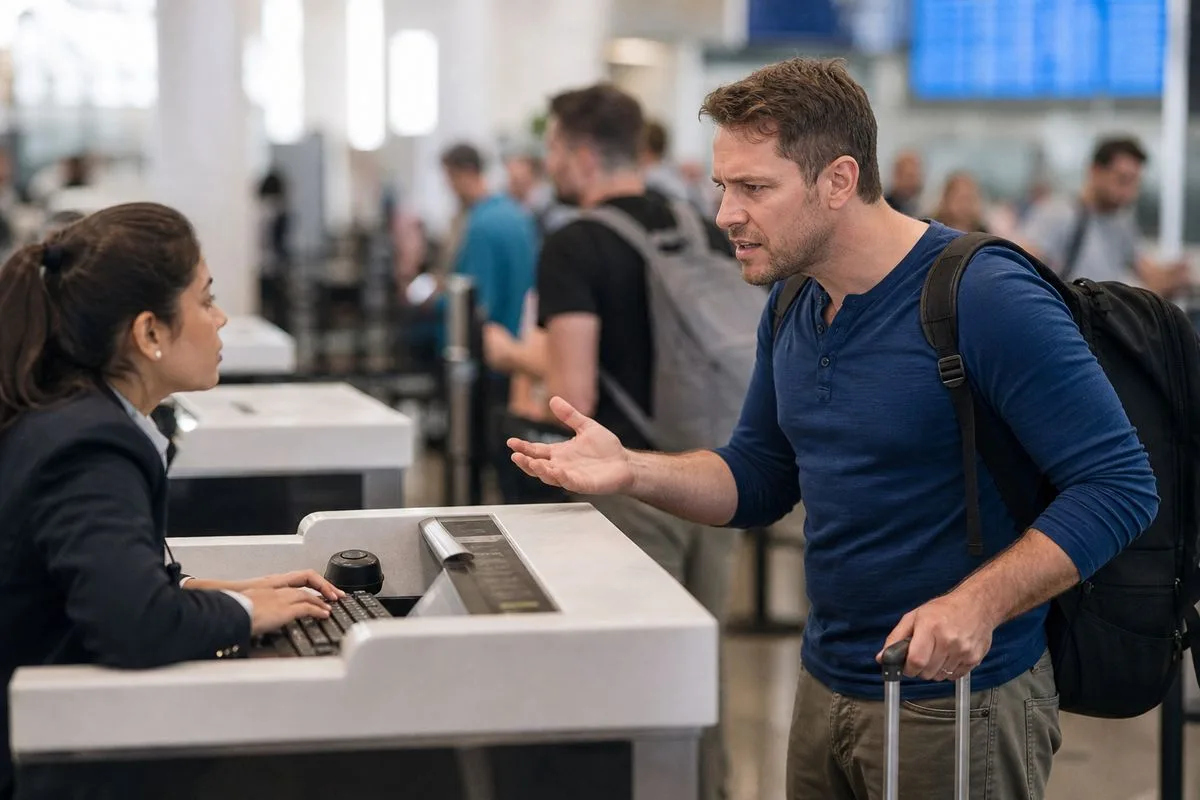 A frustrated traveler speaking with a customer service agent at an airport desk