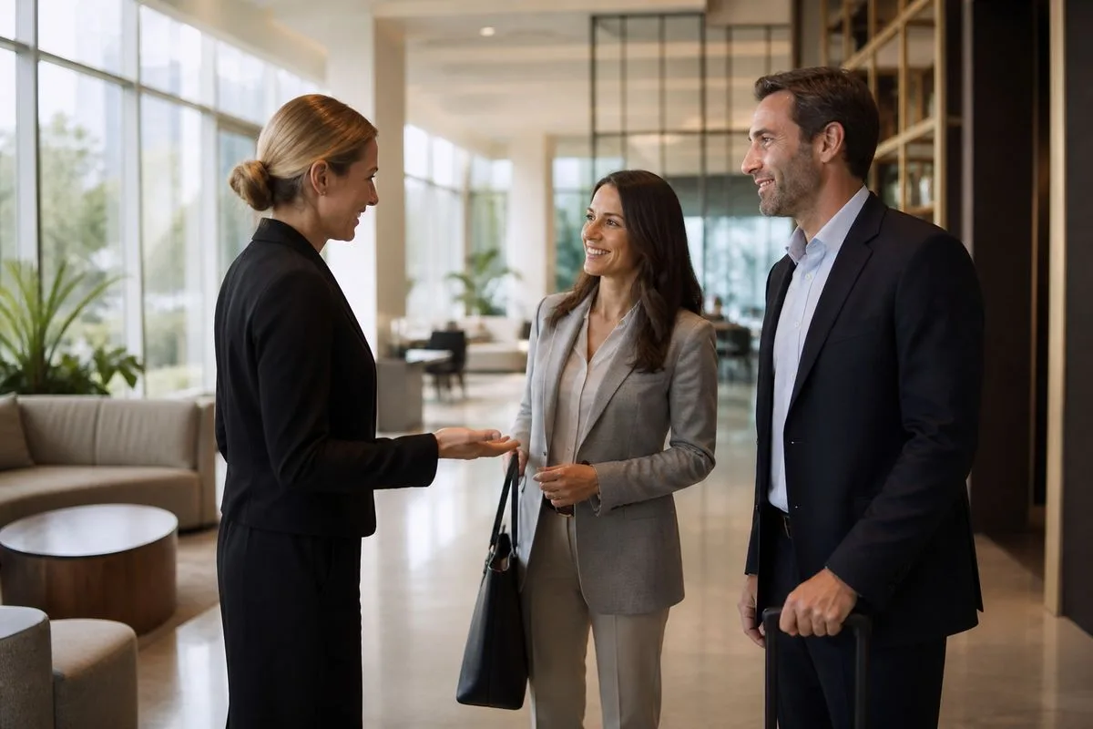 A concierge assisting corporate clients in a modern office.