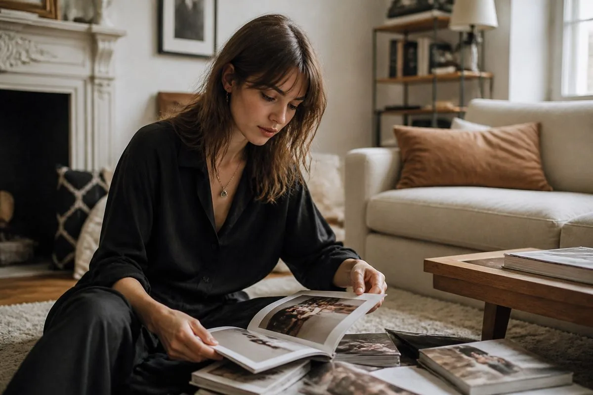A woman browsing fashion magazines in a cozy living room