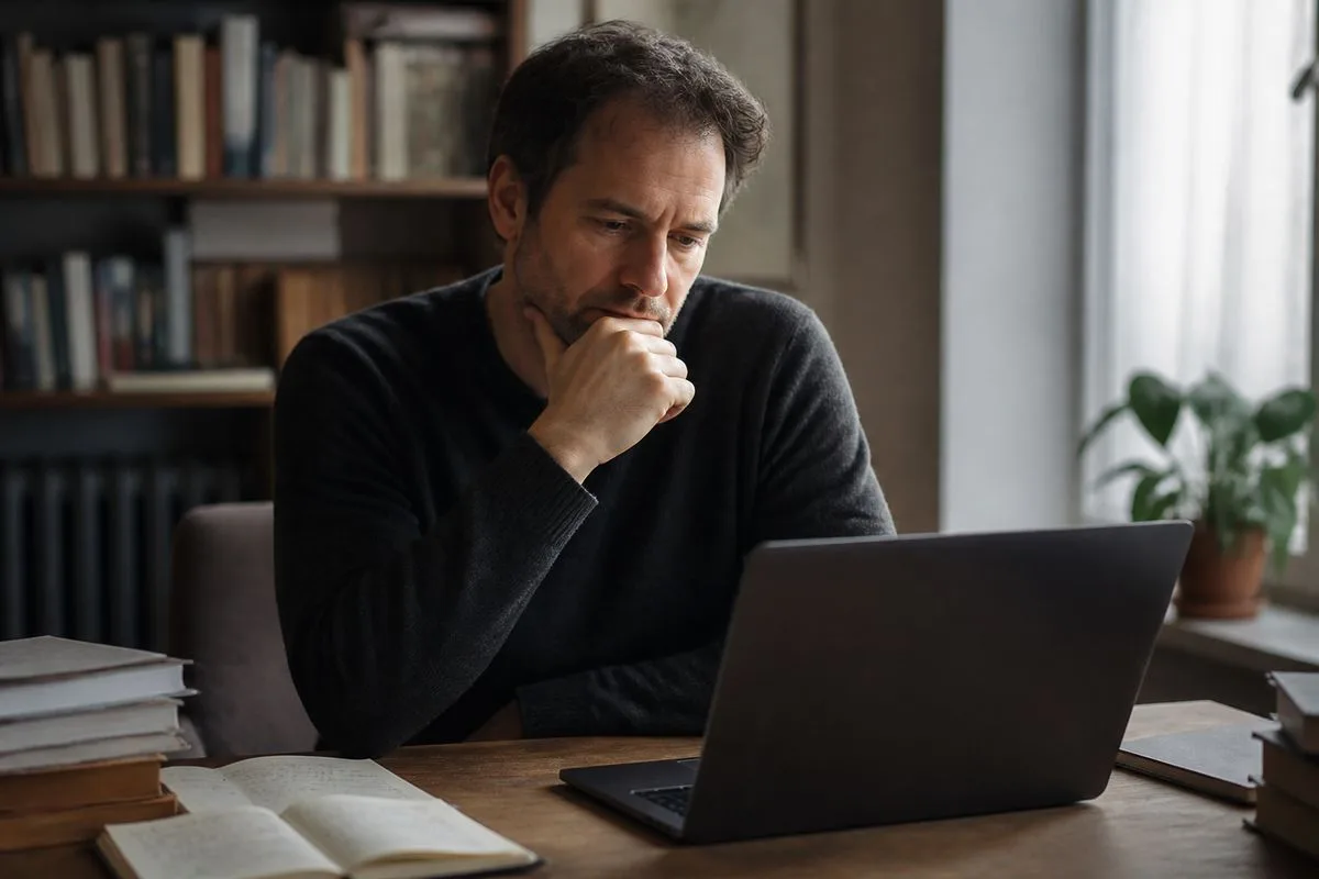 A writer reviewing a laptop screen with AI-generated text
