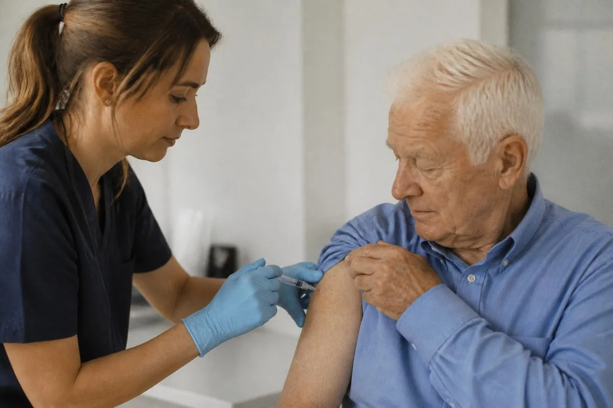 A nurse administering a flu vaccine to an elderly patient
