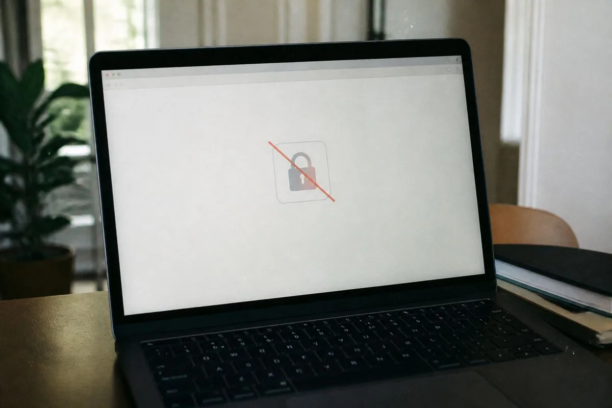 A laptop screen showing a blocked access webpage on Blinkit.