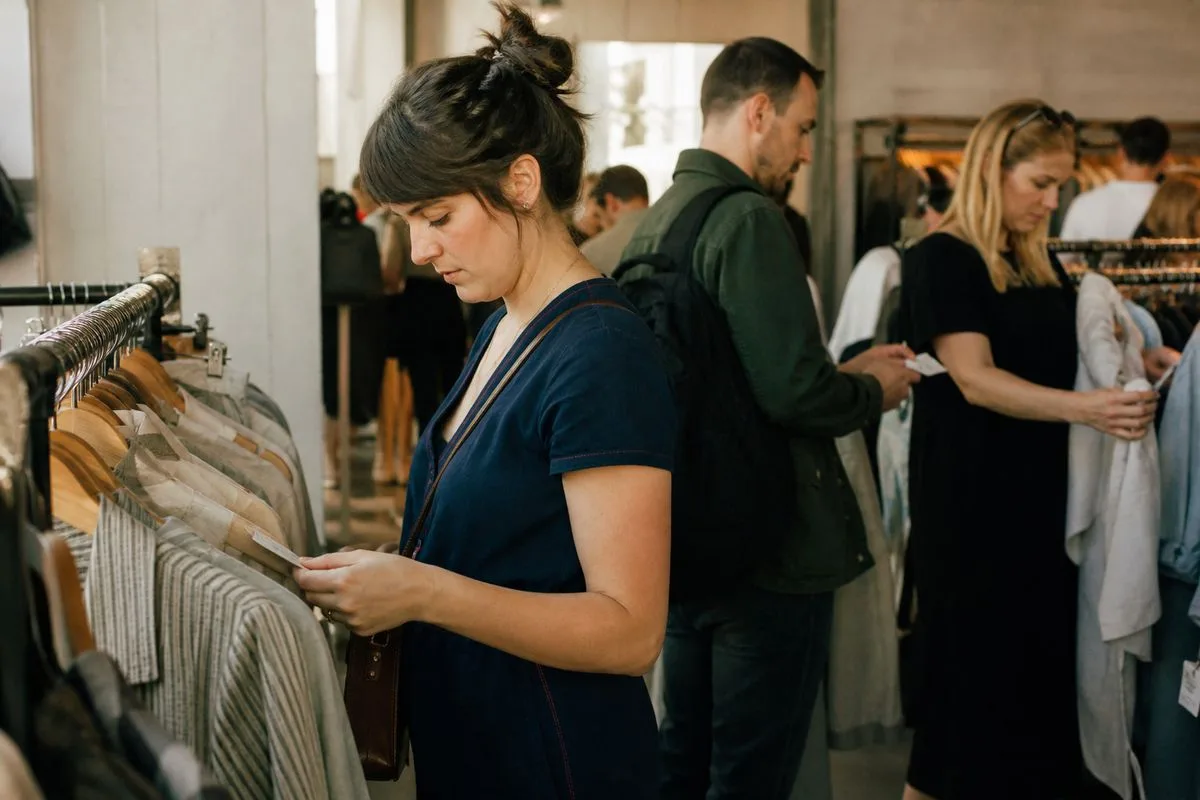 Shoppers examining clothing tags in a busy retail store