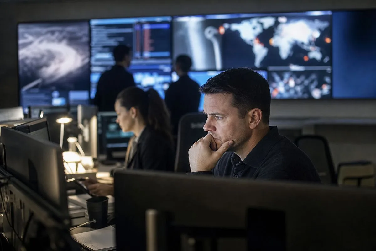 Cybersecurity experts monitoring government data breaches in a control room
