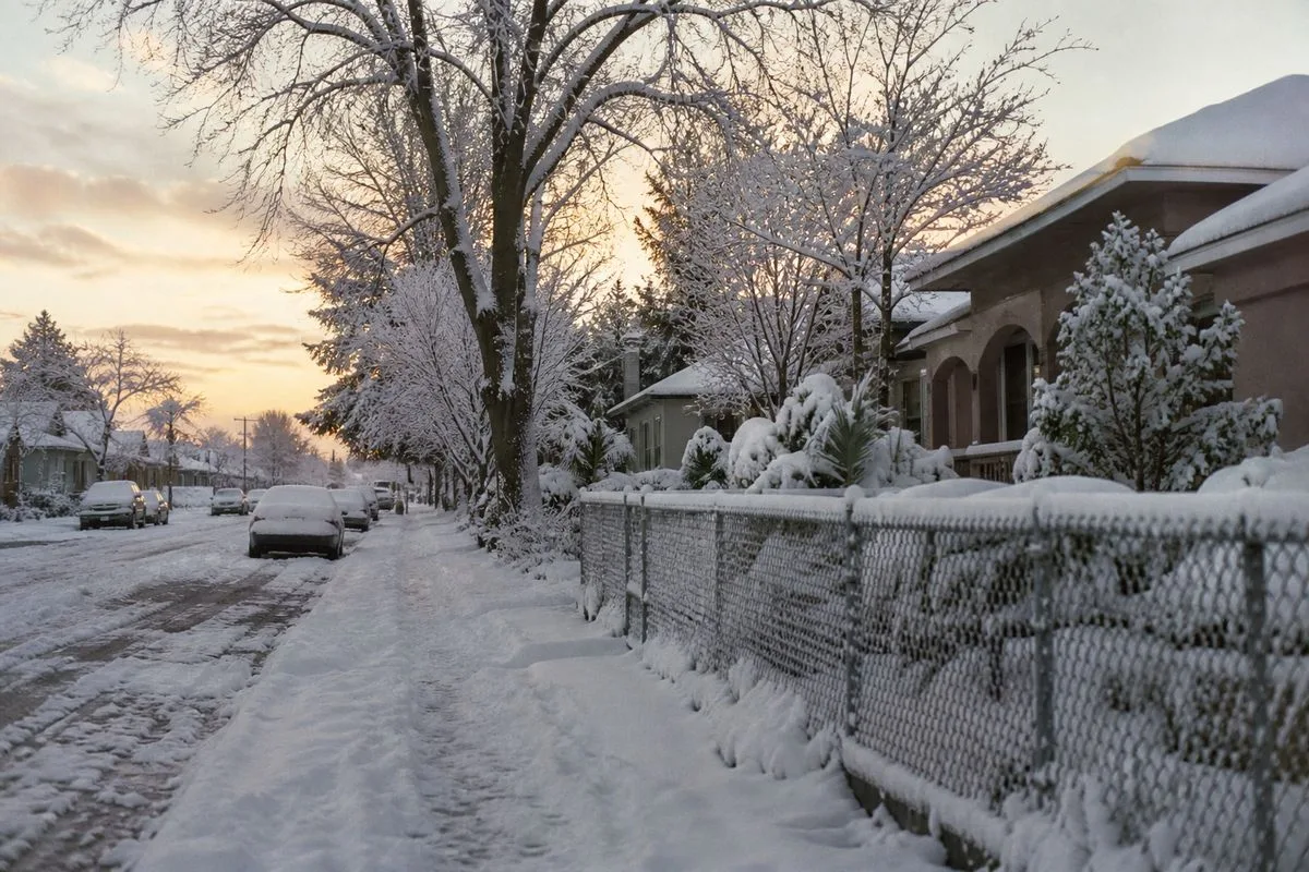 Snow-covered street in a San Jose neighborhood at dawn