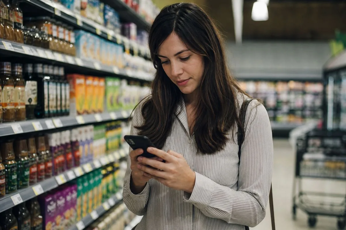 A shopper using Food Lion app on a smartphone in a grocery store aisle