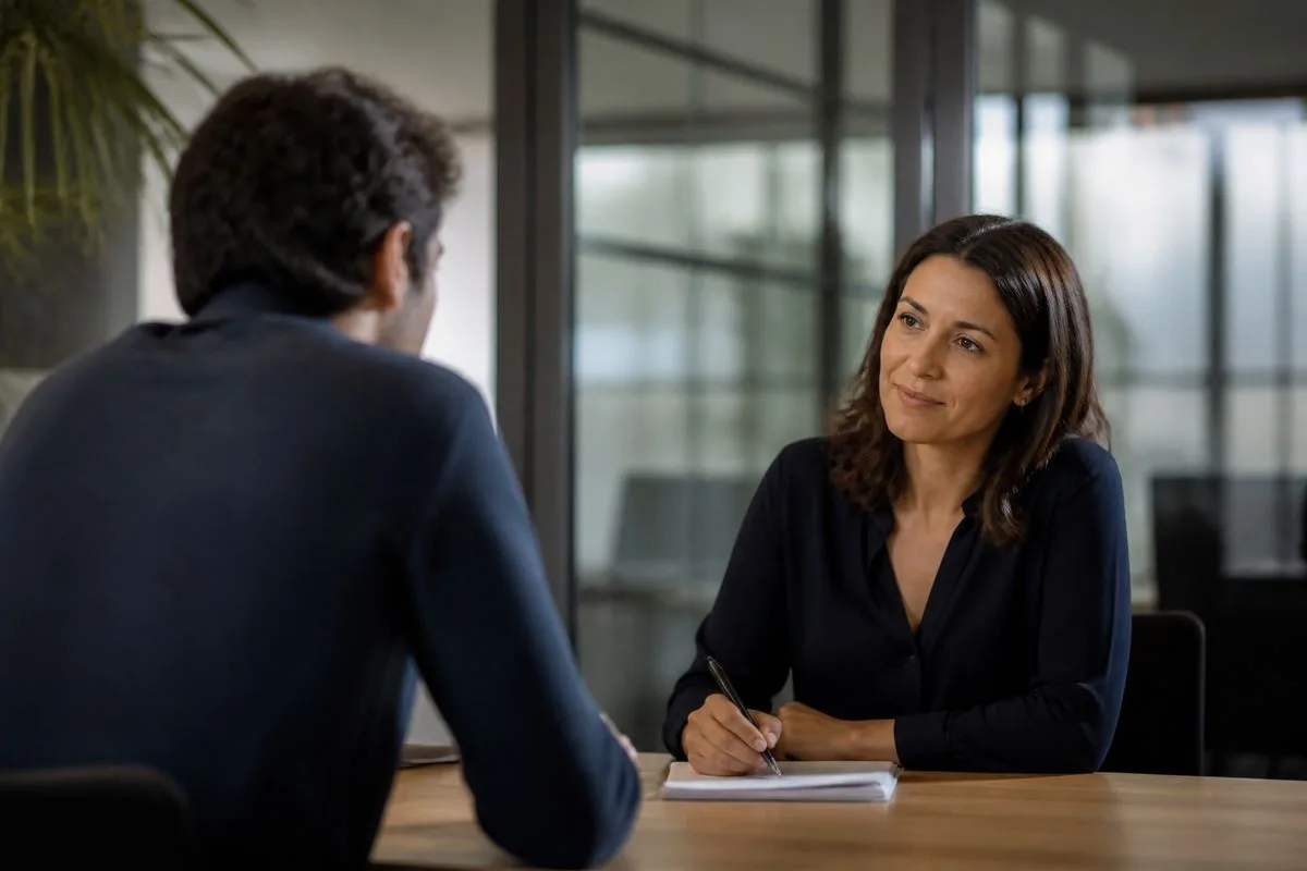 A tech recruiter interviewing a candidate in a modern office.