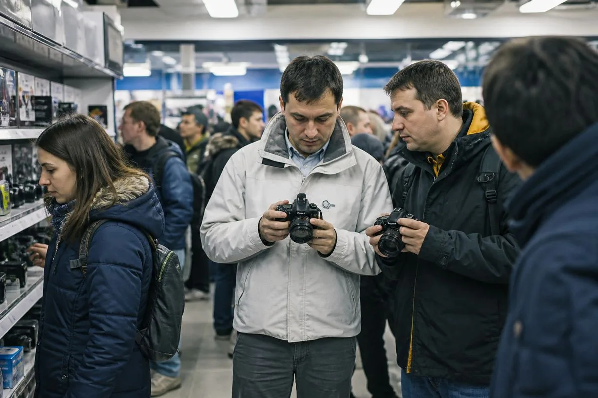 Shoppers comparing deals on electronics in a crowded store aisle