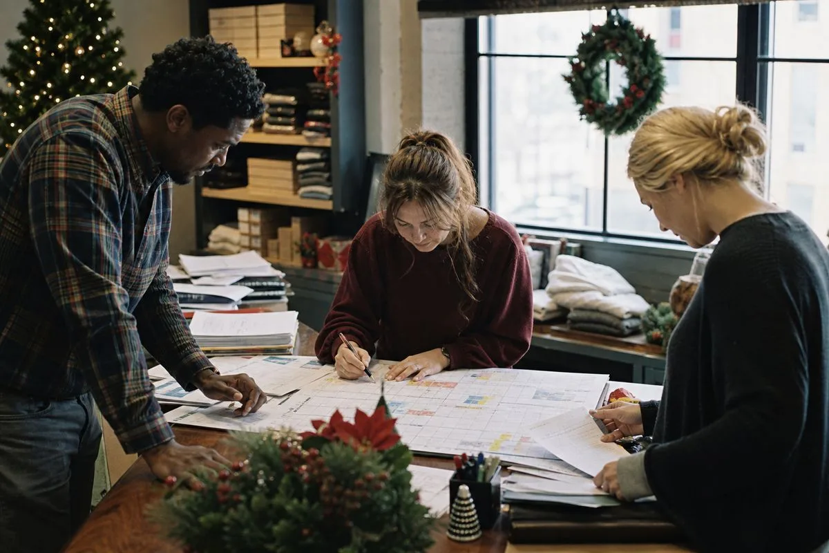 Retail employees organizing holiday shift schedules in an office