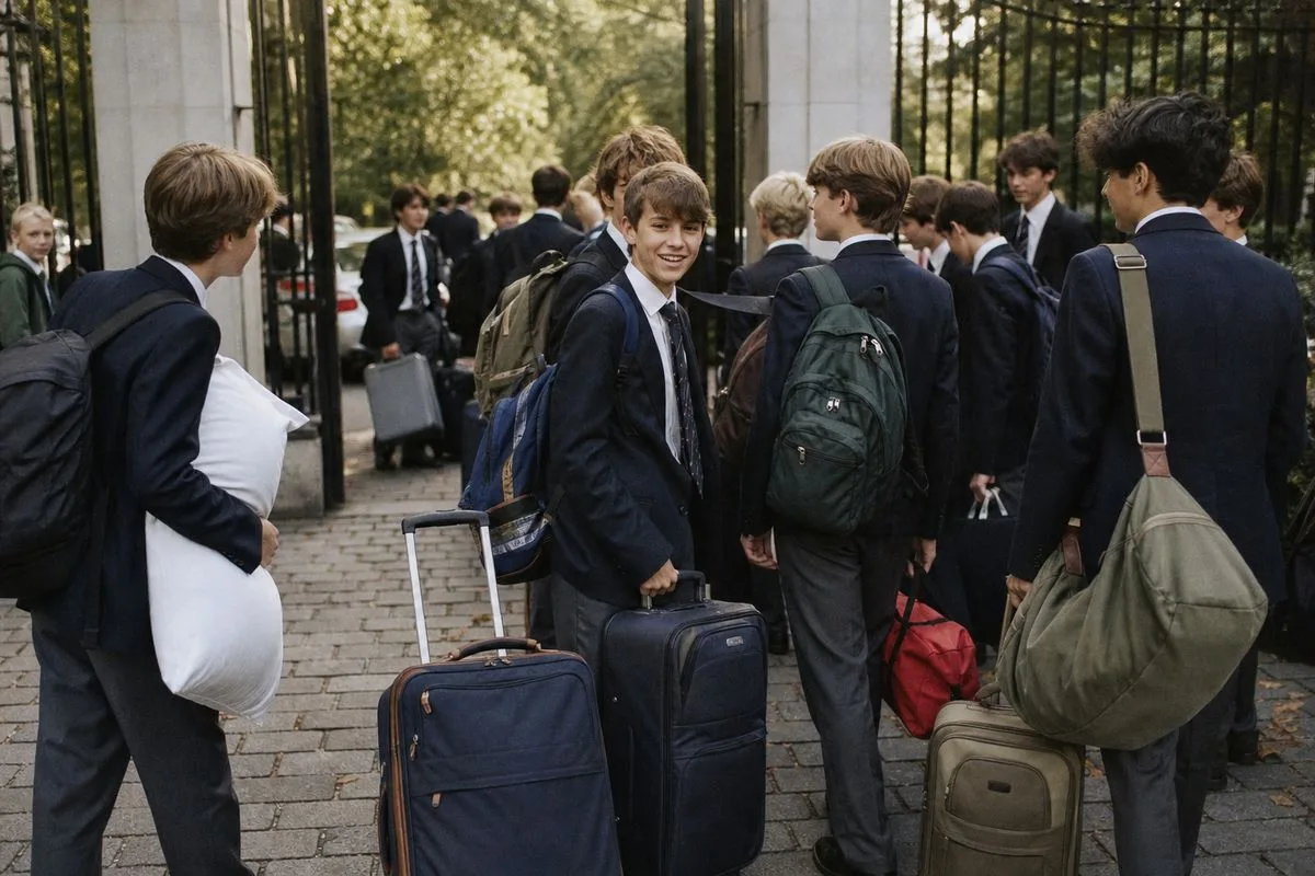Boarding students gathering with luggage outside school gates