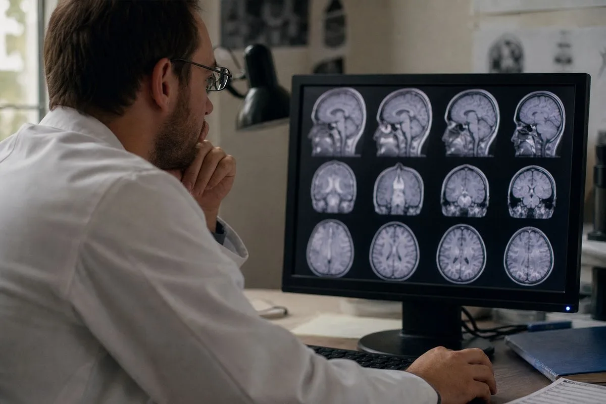 A scientist examining brain scans on a computer screen