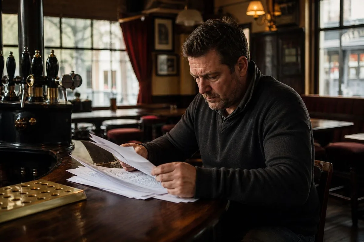 A pub owner reviewing bills inside a traditional pub