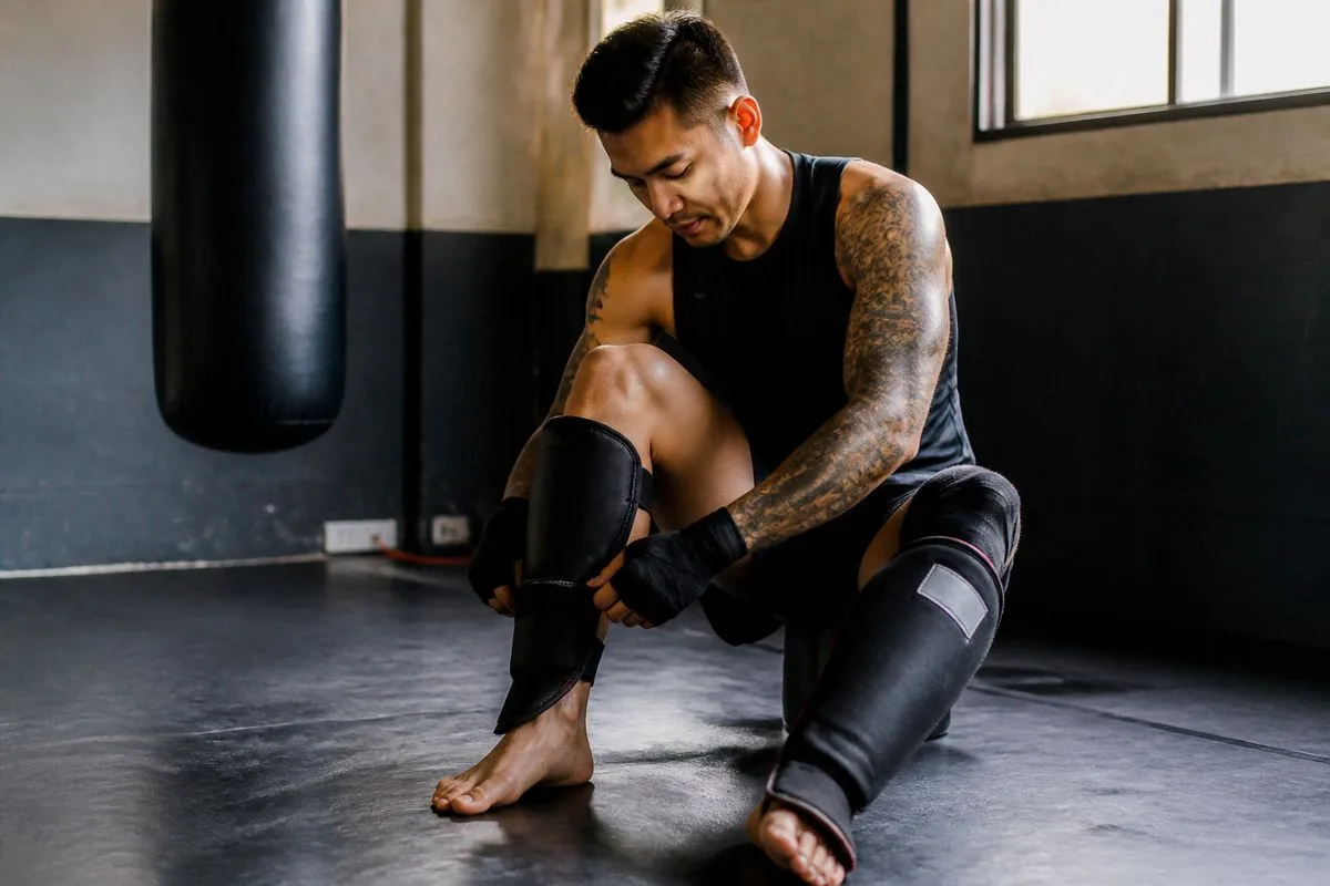 A fighter adjusting shin guards before training session