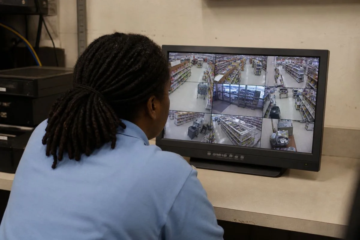 Food Lion store employee checking security camera footage