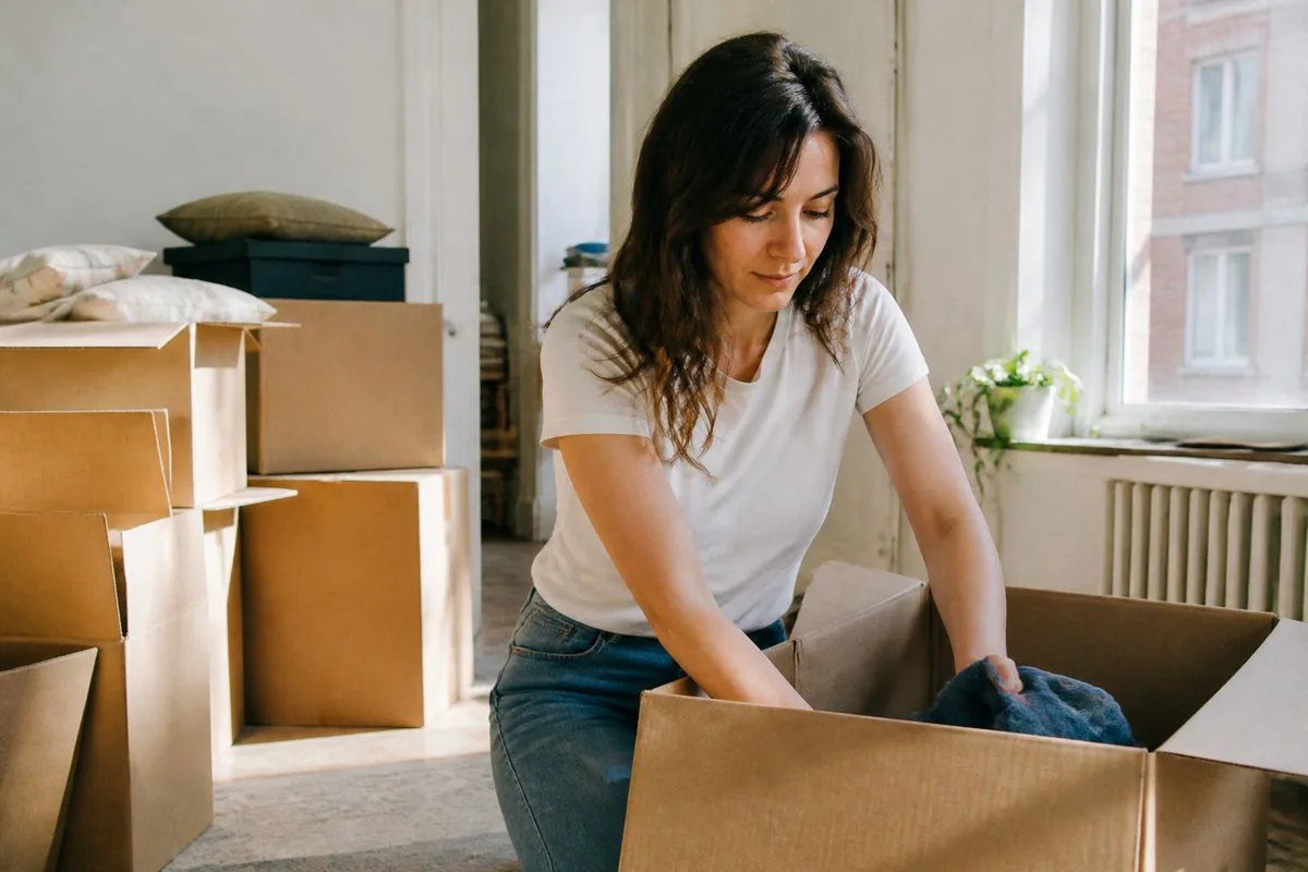 Katie Alexander packing boxes in a sunlit apartment room