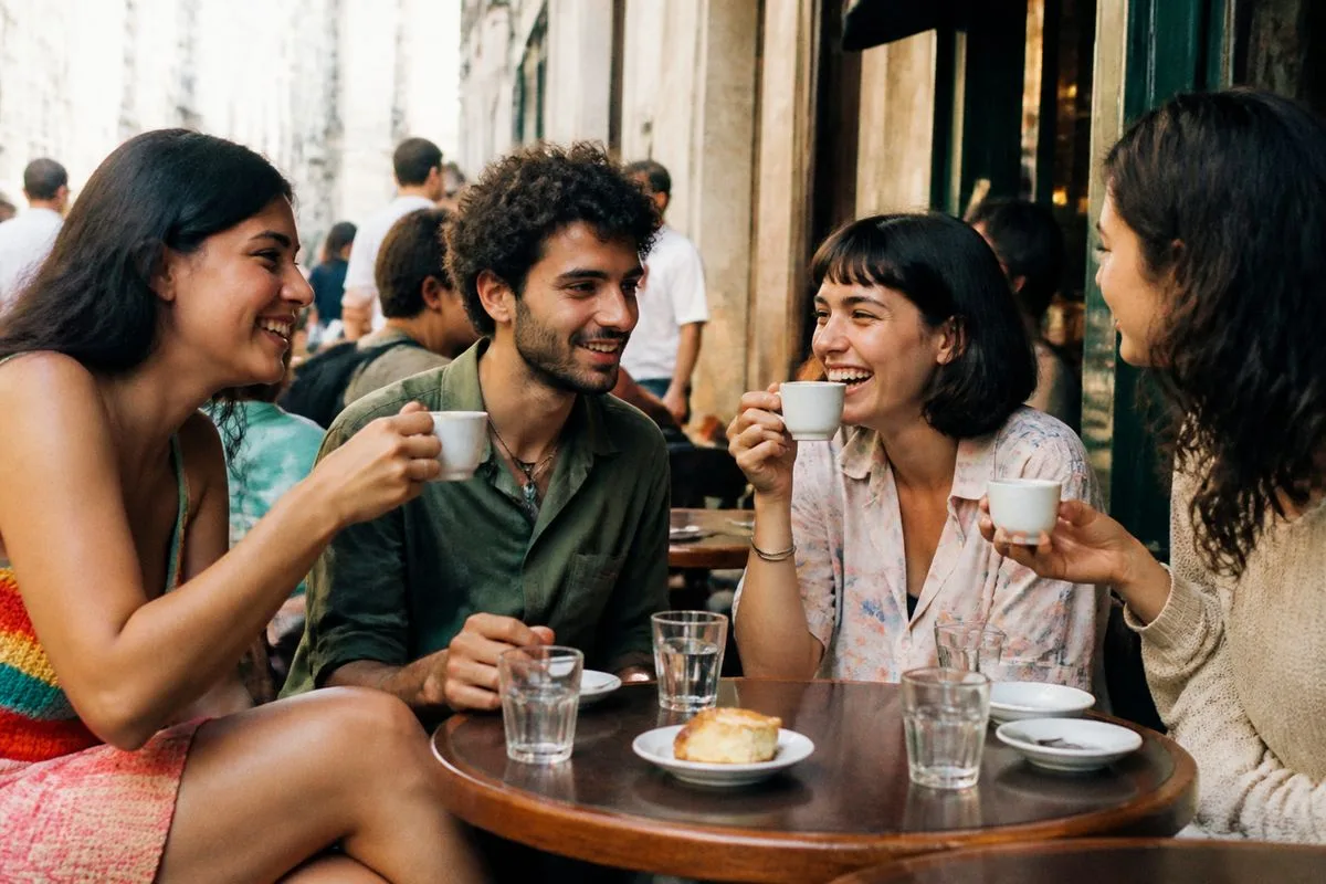 A group of friends sharing coffee at a bustling street café in Brasil.