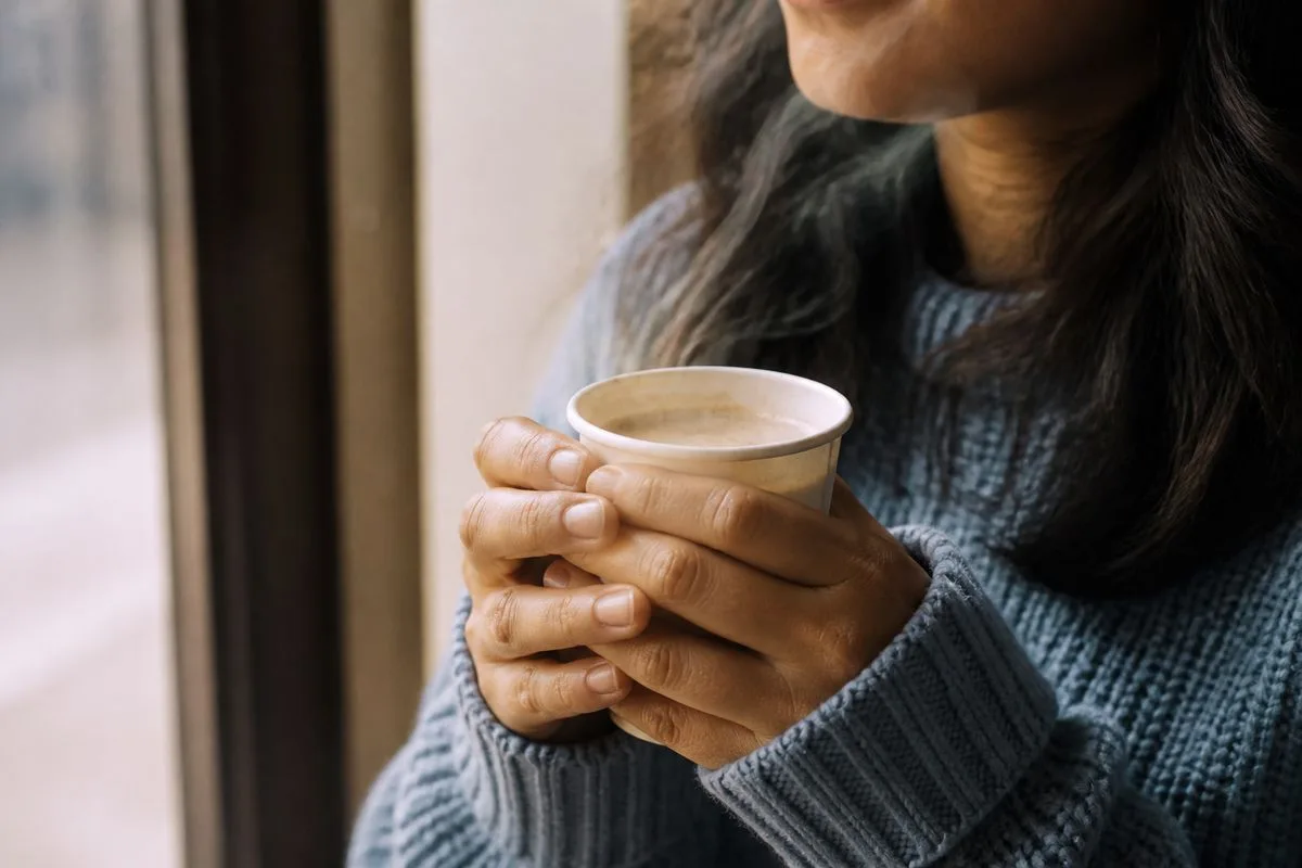 A person holding a steaming cup of instant coffee.