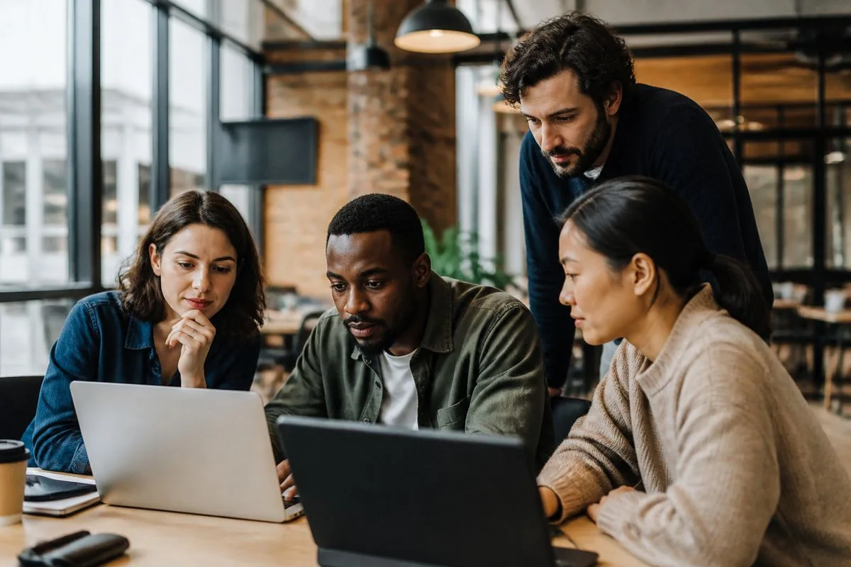 A group of professionals collaborating around laptops in a modern office.