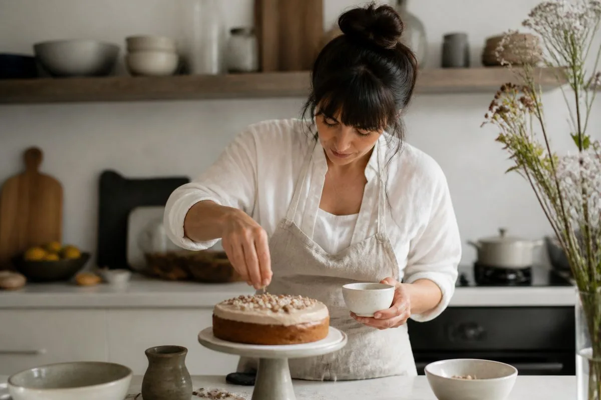 A baker decorating a coffee cake in a trendy kitchen