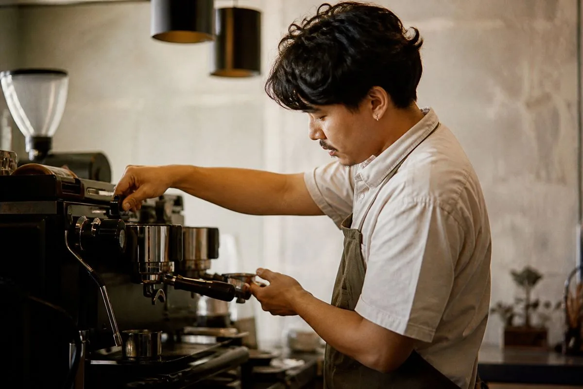 A barista manually adjusting an espresso machine’s settings