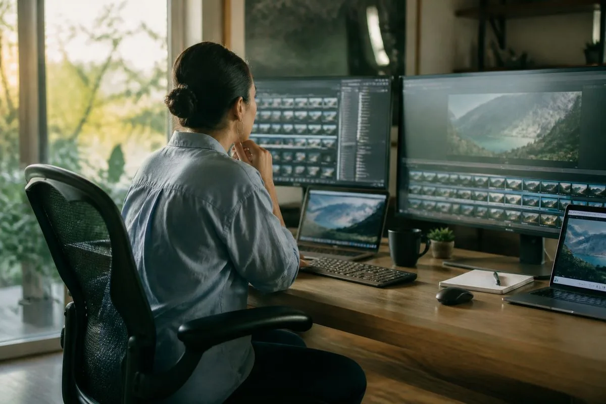 A professional using multiple screens to automate workflows